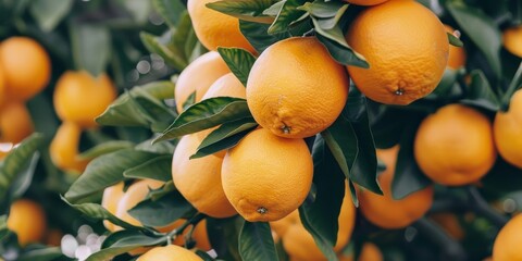 Ripe oranges on tree with green leaves