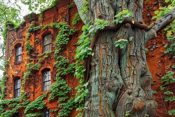 Obraz premium Ivy-covered brick building in lush forest