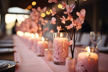 Romantic table setting with pink blossoms, candles, and glasses detailed with leaf designs.
