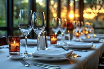 A dining setup with empty wine glasses, candles, and plates in an elegant restaurant.
