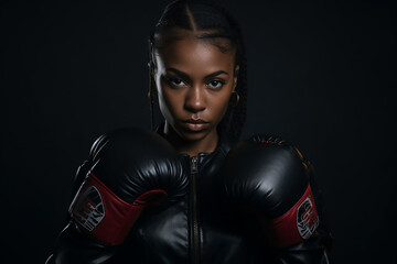 Portrait of young strong african american woman with boxing gloves. Sports, self deffense, wellbeing. High quality photo