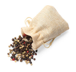 Aromatic spices. Different peppers in bag isolated on white, top view