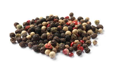 Aromatic spices. Pile of different peppers isolated on white