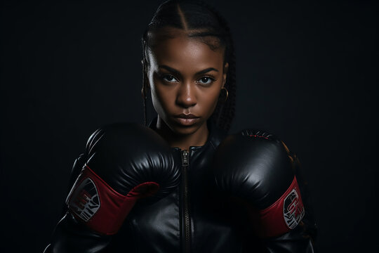 Portrait of young strong african american woman with boxing gloves. Sports, self deffense, wellbeing. High quality photo