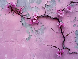 Vibrant cherry blossom branches against a cracked pink wall