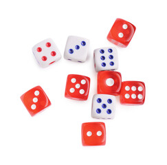 Many color game dices isolated on white, top view