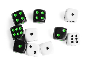 Many color game dices isolated on white, top view