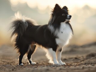 Obraz premium Fluffy black and white dog standing on dirt path