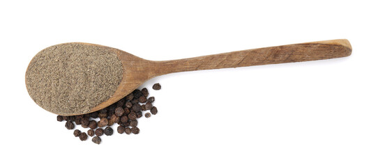 Aromatic spice. Ground black pepper in spoon and peppercorns isolated on white, top view