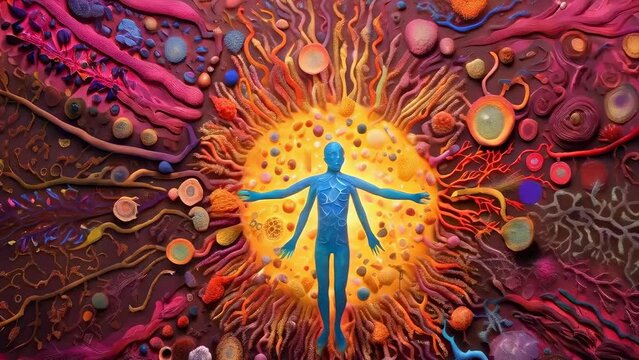 A graphical representation of a human figure surrounded by an intricate network of stylized cellular structures, illustrating the complexity of life. The human immune defense system