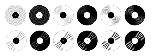 Set of vinyl disc icons. Turntable LP record disks isolated on white background. DJ equipment. 70s 80s 90s discotheque nostalgia symbols. Techno music pictograms. Vector graphic illustration.