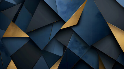 Wallpaper design with a luxurious mix of bold lines and sharp geometric forms in colors of deep blue, matte black, and gold, styled as an HD photograph
