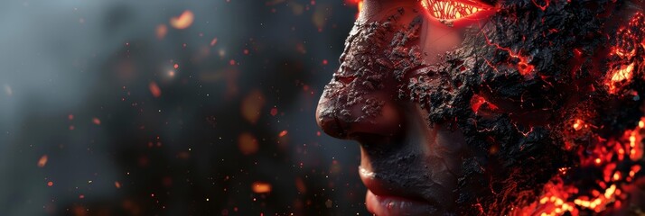 A close up of a man's face, half of his face is covered in lava.
