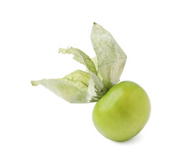Fresh green tomatillo with husk isolated on white