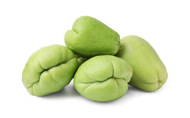 Many fresh green chayote isolated on white