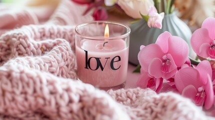 Romantic love candle and flowers