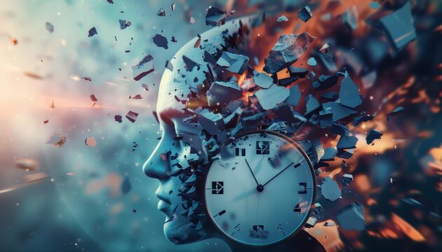A clock is embedded in a human head, the face of the clock is made of stone and the numbers are glowing. The head is exploding into tiny pieces.