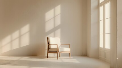 A sparse, well-lit room with white walls, featuring a single, elegant chair as the focal point, the embodiment of minimalist interior design.
