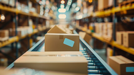 Soft focus on a warehouse interior filled with boxes and parcels, hinting at the logistics behind e-commerce, ecommerce background, with copy space