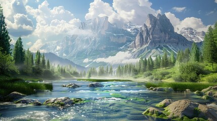 Mountain river landscape with sky