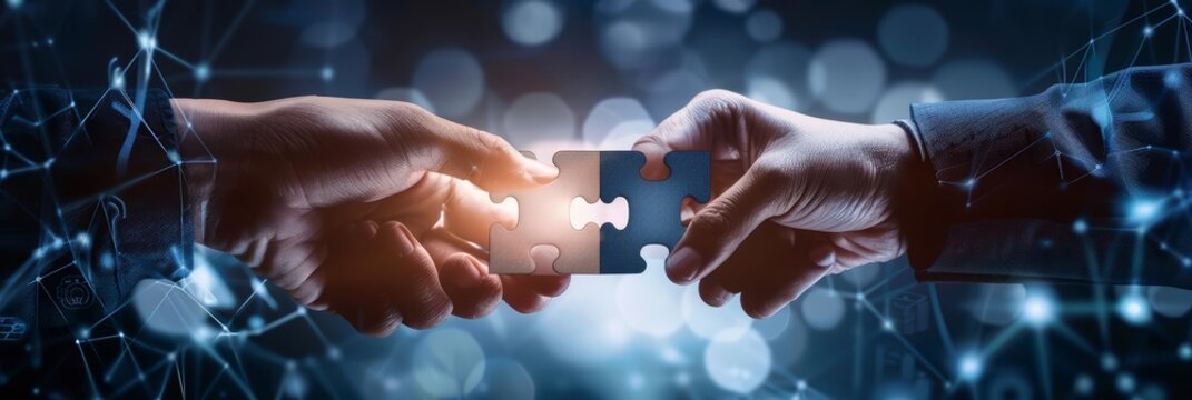 A Photo Of Two Hands Holding Puzzle Pieces That Are Glowing With Light With A Dark Background With Glowing Blue Dots.