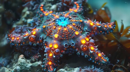 Visualize a starfish with sensors in each arm, monitoring marine biodiversity, a closeup strange style hitech ultrafashionable concept