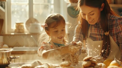 A vibrant kitchen scene where a mother and her daughter, aprons on, are playfully baking cookies together, flour dusting their noses, capturing the warmth and fun of shared activities.