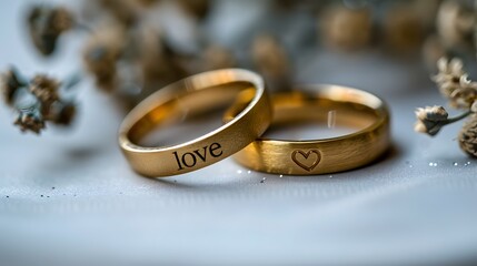Obraz na płótnie Canvas Golden wedding rings with love engraving