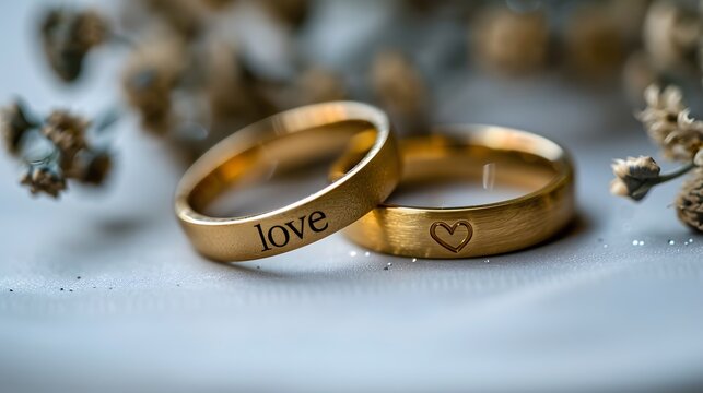 Golden wedding rings with love engraving