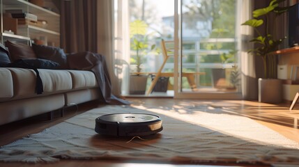 Smart robot vacuum cleaner gliding on carpet in a sunny modern living room