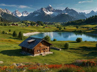 Wooden cabin by the lake with mountains in the background