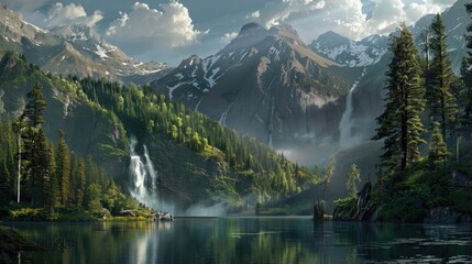 Mountain waterfalls lake landscape pine tree