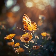 a butterfly rests on a flower as the sun is setting - obrazy, fototapety, plakaty