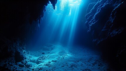 underwater view with sun beams shining through the water near rocks - obrazy, fototapety, plakaty