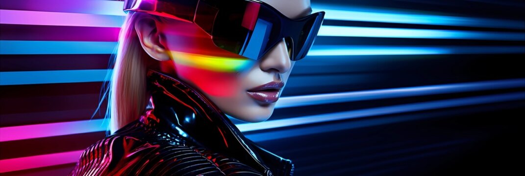 Stunning model in avant-garde attire poses against a backdrop of vibrant neon stripes, evoking the high-energy world of edm and techno music culture