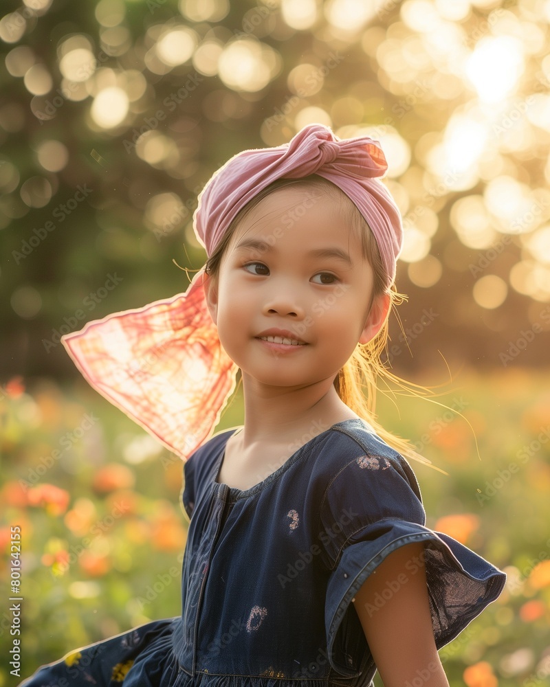 Canvas Prints a girl stands in a field full of flowers and holds a small bucket