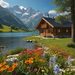 Fototapeta premium Wooden cabin by the lake with mountains in the background