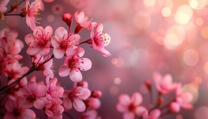 closeup pink flower blurry background cherry blossom sparkling sunlight fruit flowers backdrop