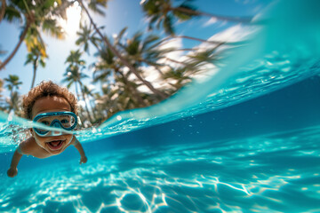Cheerful African American baby with wide eyes and a big smile, swimming in a transparent pool under tropical palm trees. Enjoying a refreshing summer swim.