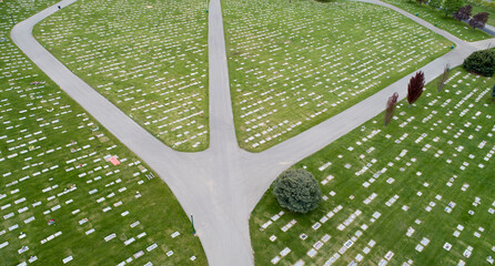 cemetery, aerial of cemetery, headstones, cemetery and roads