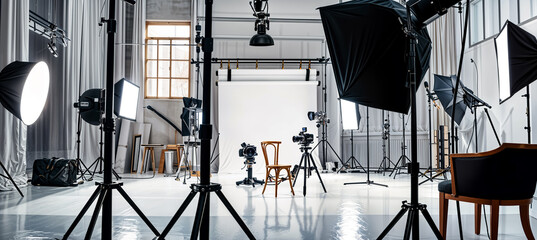 Professional Photo Studio Background. Photography Equipment in Studio Setting. Cameras, Lights, and Backdrop Setup for Professional Photo or Video Production - obrazy, fototapety, plakaty