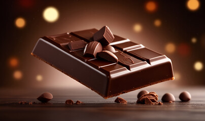 chunks of chocolate fall on a chocolate-like surface