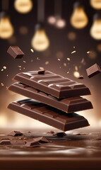 chunks of chocolate fall on a chocolate-like surface