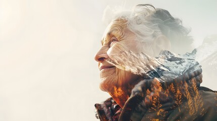 Elderly woman's profile mountain landscape, symbolizing reflection and peace, double exposure