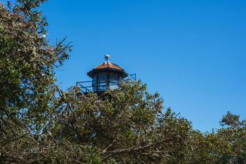 Guard tower at Alcatraz prison, framed by trees. Metal structure with lookout windows, weather vane...