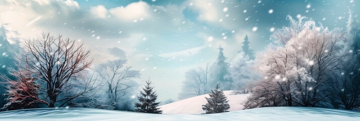 snowy landscape trees snowflakes panoramic view anomalous object large patches plain colors color...