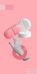 Women's health concept. Choice of contraceptives, dietary supplements, medicines and vitamins for women's health. Hand chooses white and pink pills. Vertical minimalist art collage