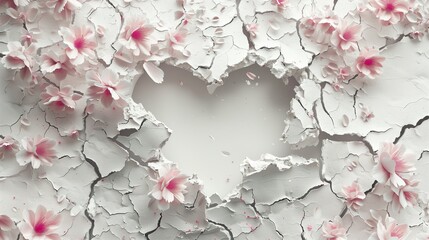 Fototapeta premium Broken white wall in the shape of a heart surrounded by pink flower, white heart, 3D