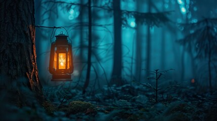 Mysterious forest illuminated by the soft flicker of a lantern in the night