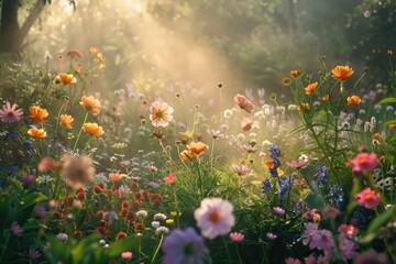 Fototapeta na wymiar Soft morning light illuminating flower garden